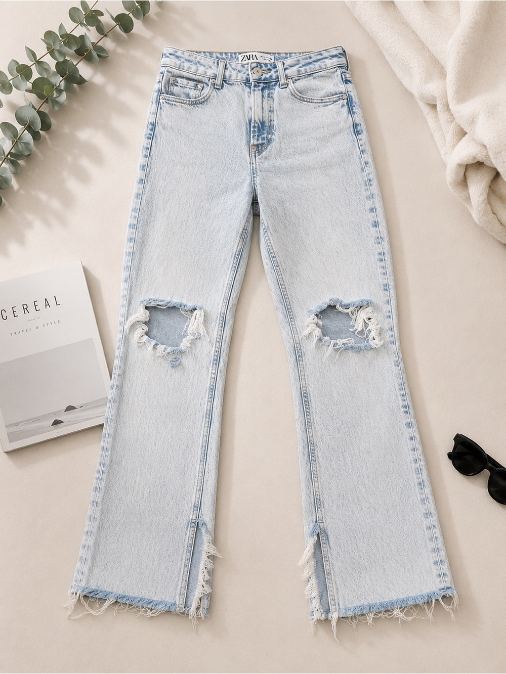Zara Light Blue Distressed Flare Jeans